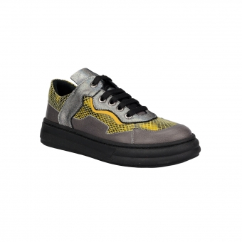 Дамски спортни обувки от естествена кожа в сиво-жълт цвят